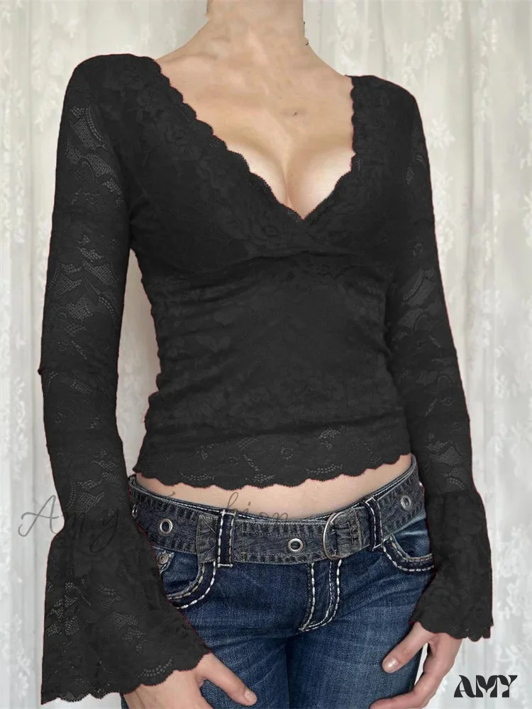Amy Fashion - Retro Lace Fairy Grunge Deep V Neck Long Flare Sleeve Slim Fit T-shirts - Image 5
