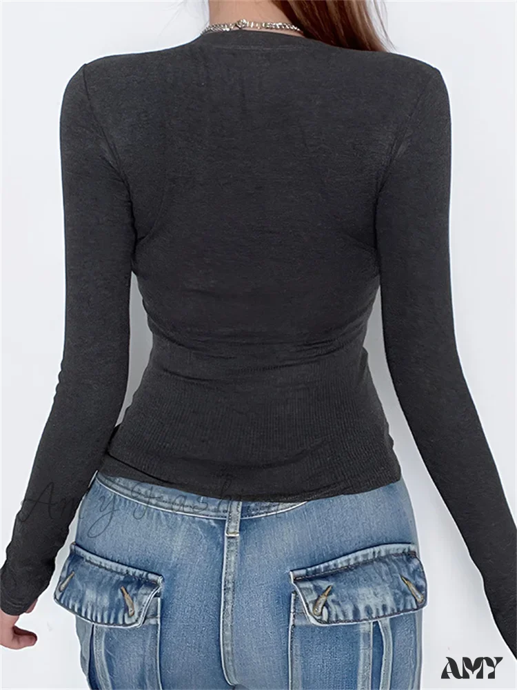 Amy Fashion - Retro Lace Patchwork Slim FitLong Sleeve V-Neck T-Shirts - Image 2