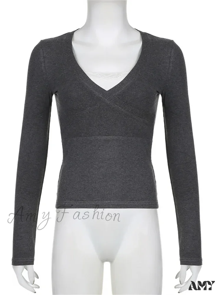Amy Fashion - Retro Lace Patchwork Slim FitLong Sleeve V-Neck T-Shirts - Image 3