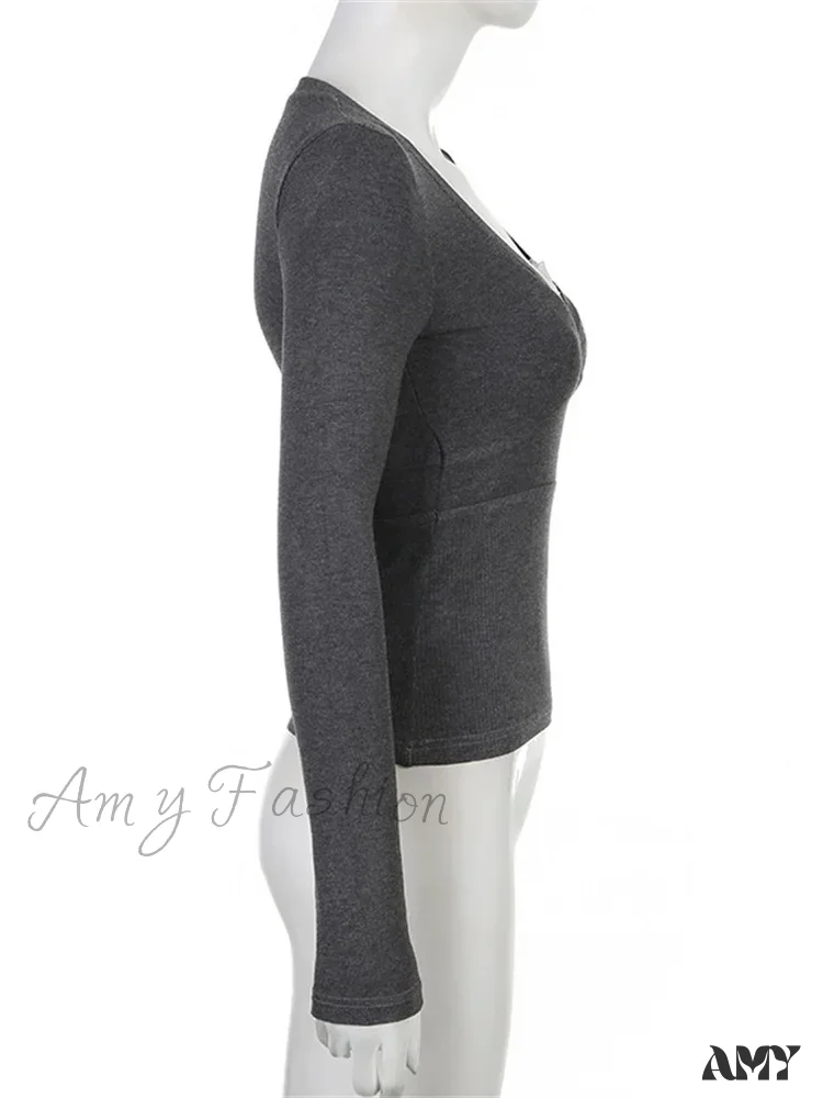 Amy Fashion - Retro Lace Patchwork Slim FitLong Sleeve V-Neck T-Shirts - Image 5