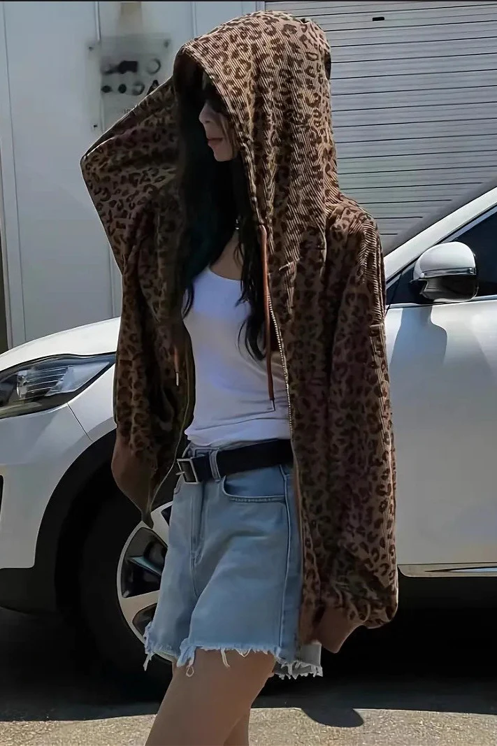 Retro Leopard Print Loose Zip Hoodie - Image 3