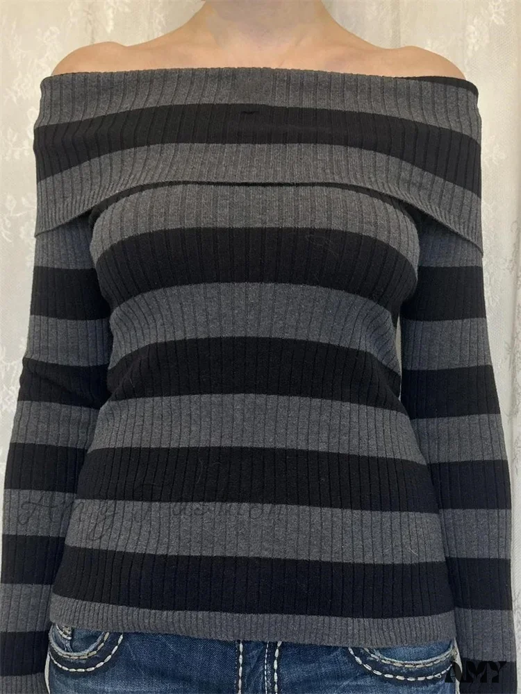Amy Fashion - Retro Slash Neck Off Shoulder RibbedLong Sleeve  T-shirts