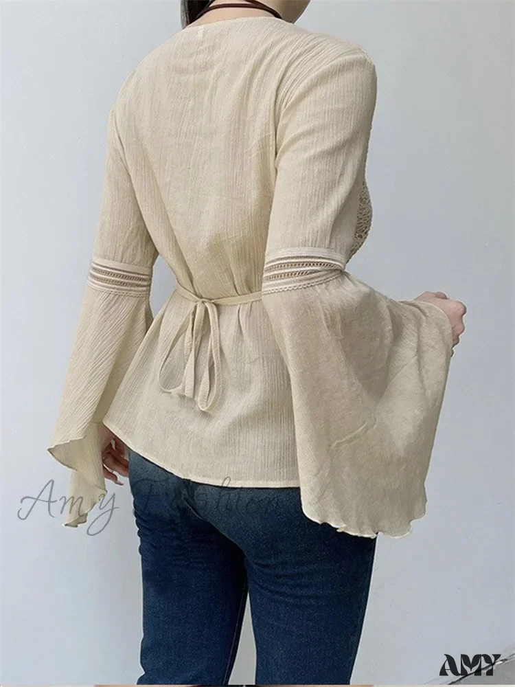 Amy Fashion - Retro Spring Autumn y2k Fairycore  V-neck Long Flare Sleeve T-shirts - Image 3