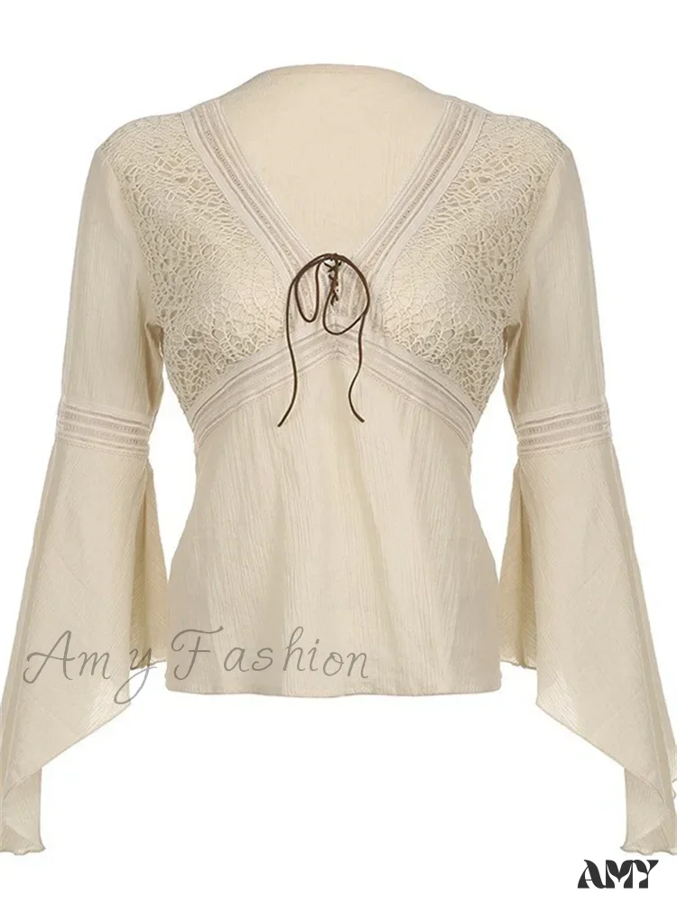 Amy Fashion - Retro Spring Autumn y2k Fairycore  V-neck Long Flare Sleeve T-shirts - Image 4