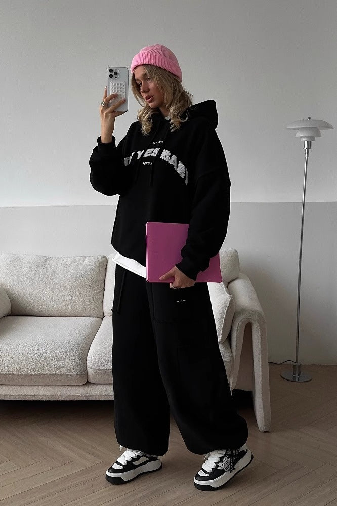 Retro Street Letter Print Warm Hoodie - Image 3
