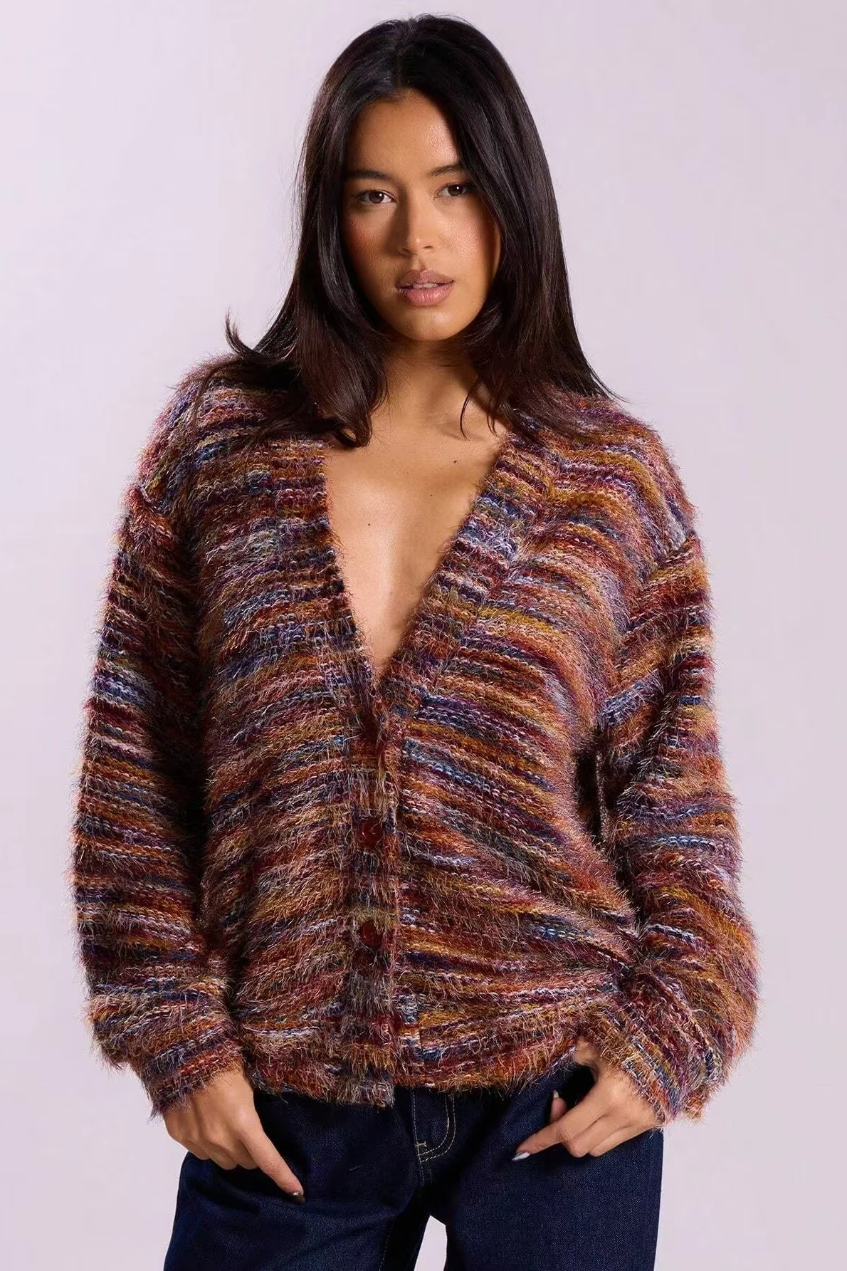 Retro Striped Fashionable Oversized Fleece Long Sleeve Knit Cardigan