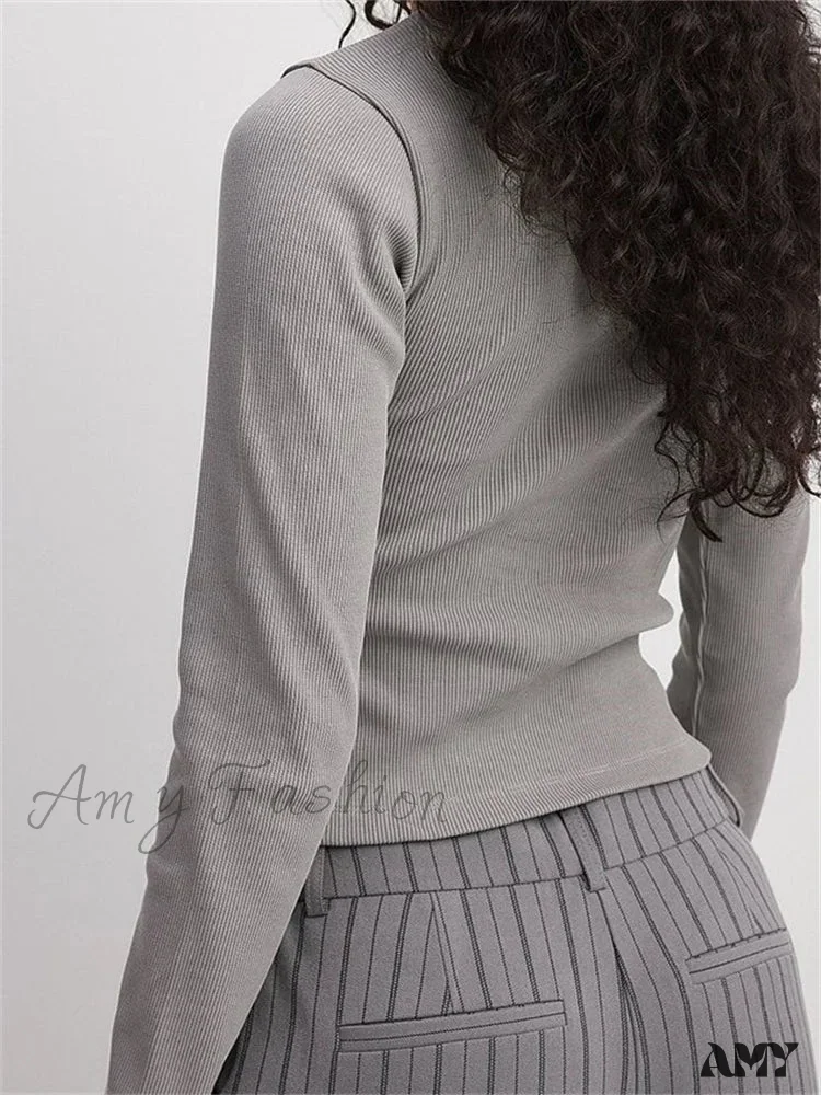 Amy Fashion - Ribbed Casual BasicLong Sleeve Crew Neck Buttons Solid Color  T-shirts - Image 3