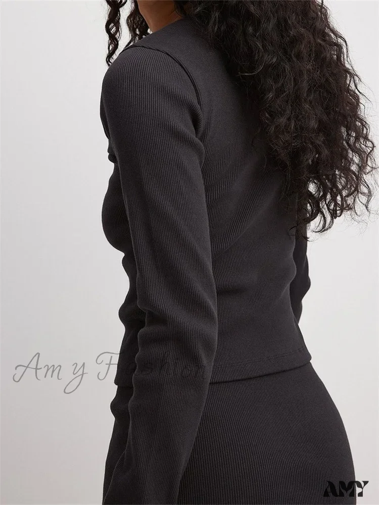 Amy Fashion - Ribbed Casual BasicLong Sleeve Crew Neck Buttons Solid Color  T-shirts - Image 5