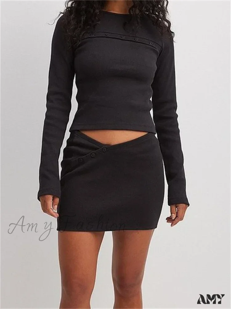 Amy Fashion - Ribbed Casual BasicLong Sleeve Crew Neck Buttons Solid Color  T-shirts - Image 6