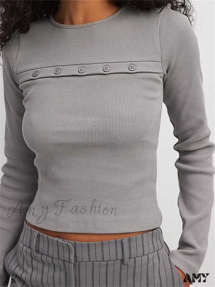 Amy Fashion - Ribbed Casual BasicLong Sleeve Crew Neck Buttons Solid Color  T-shirts - Image 8