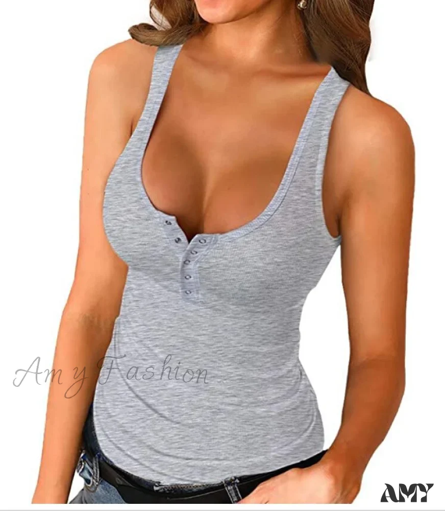 Amy Fashion - Ribbed Knitting Button U-neck Sleeveless Tank Top - Image 9