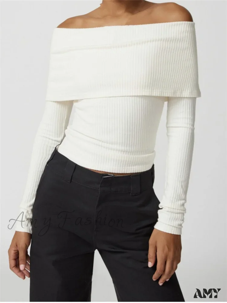 Amy Fashion - Ribbed Slash Neck Off Shoulder  Casual Long Sleeve  T-Shirts - Image 2