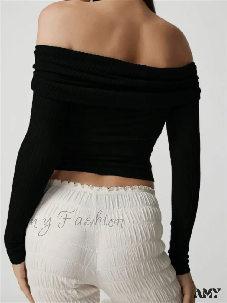 Amy Fashion - Ribbed Slash Neck Off Shoulder  Casual Long Sleeve  T-Shirts - Image 4