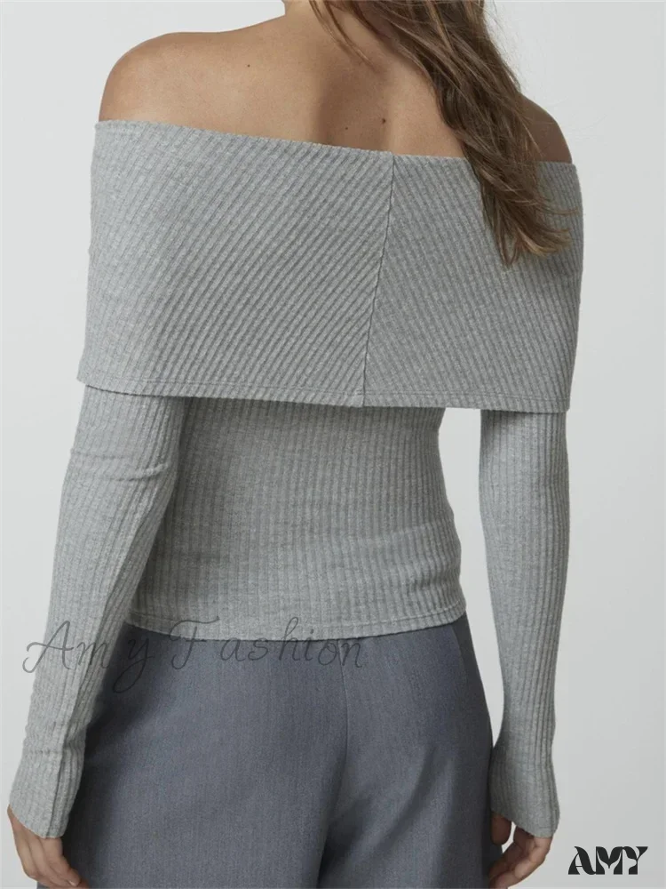 Amy Fashion - Ribbed Slash Neck Off Shoulder  Casual Long Sleeve  T-Shirts - Image 5