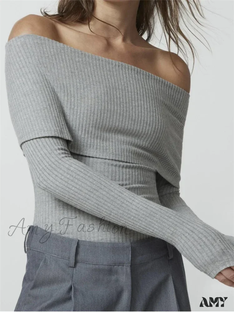 Amy Fashion - Ribbed Slash Neck Off Shoulder  Casual Long Sleeve  T-Shirts - Image 6