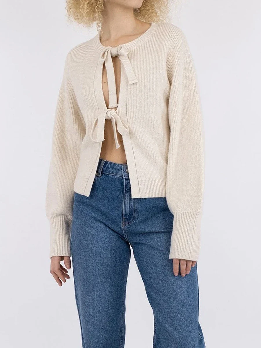 Ribbed Tie Front Solid Knit Cardigan