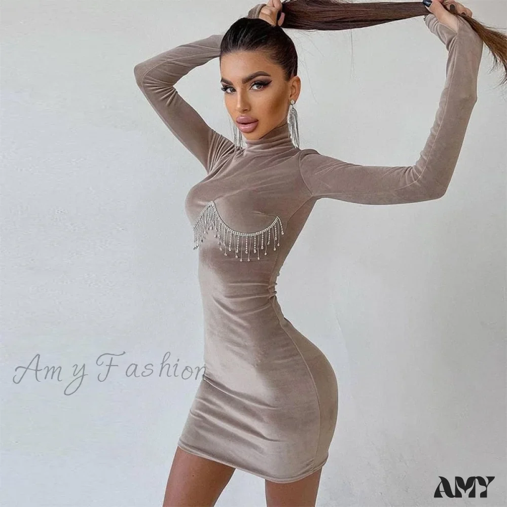 Amy Fashion - Elegant Tassel Velvet Bodycon Party Dresses