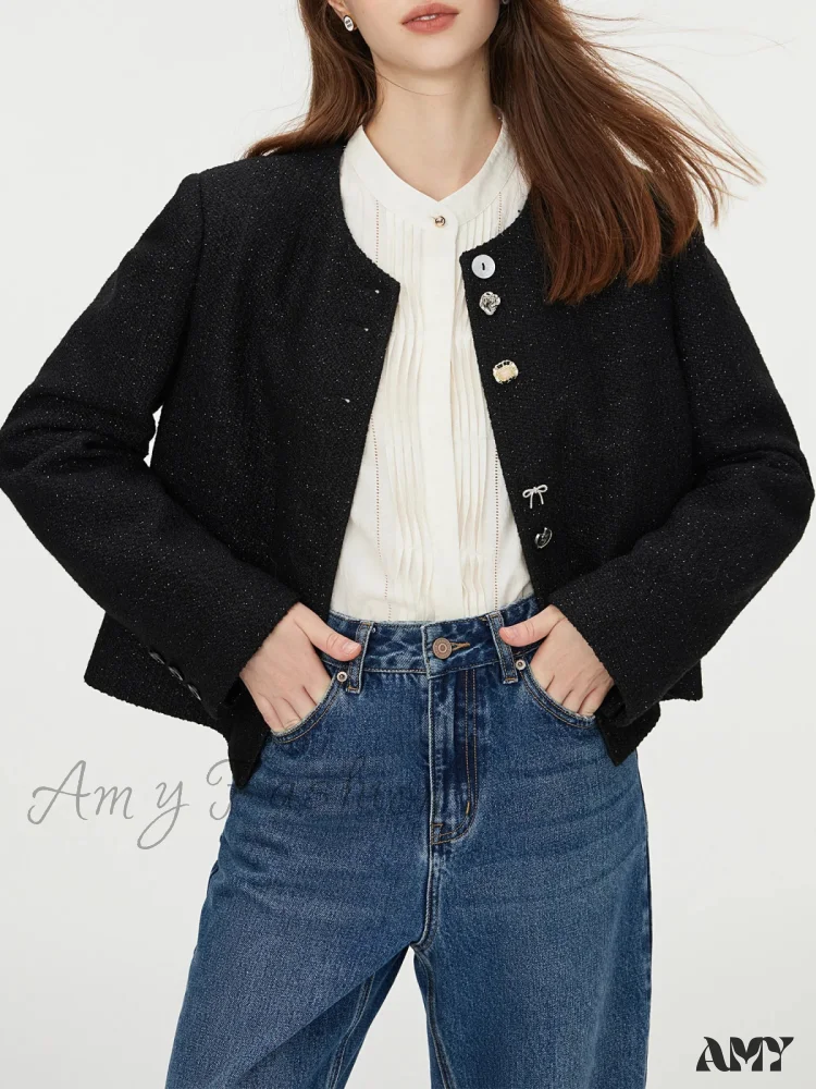 Round Neck Front Shoulder Black Short Special-Shaped Button Design Coat - Image 2