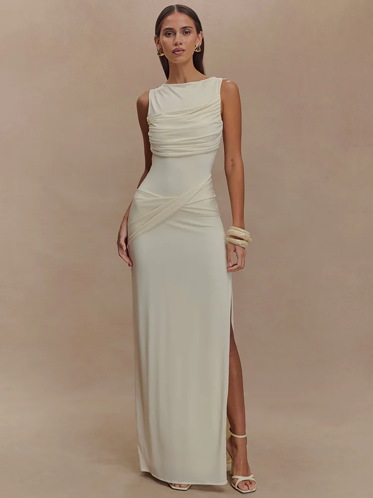 Ruched O Neck Split Maxi Bodycon Dress