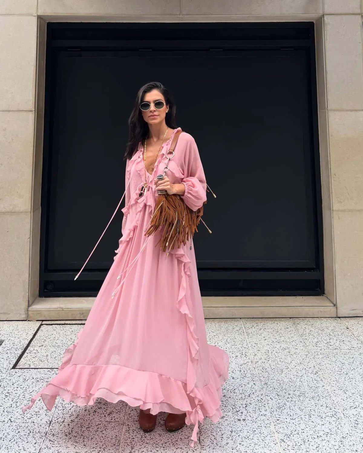 Ruffled Long Sleeve Chiffon Maxi Dress - Image 2