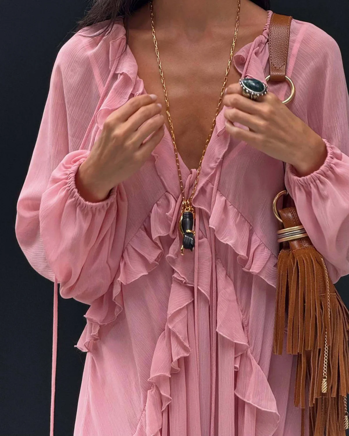 Ruffled Long Sleeve Chiffon Maxi Dress - Image 3