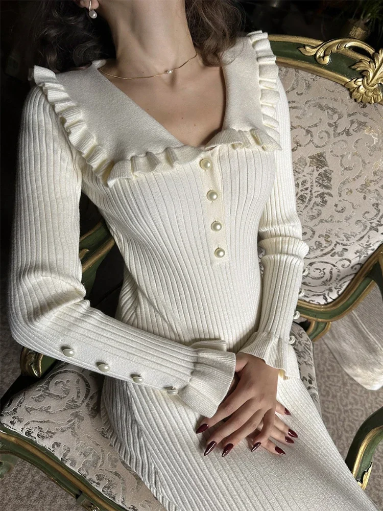 Ruffled Slim Knitted Retro Maxi Dress - Image 2