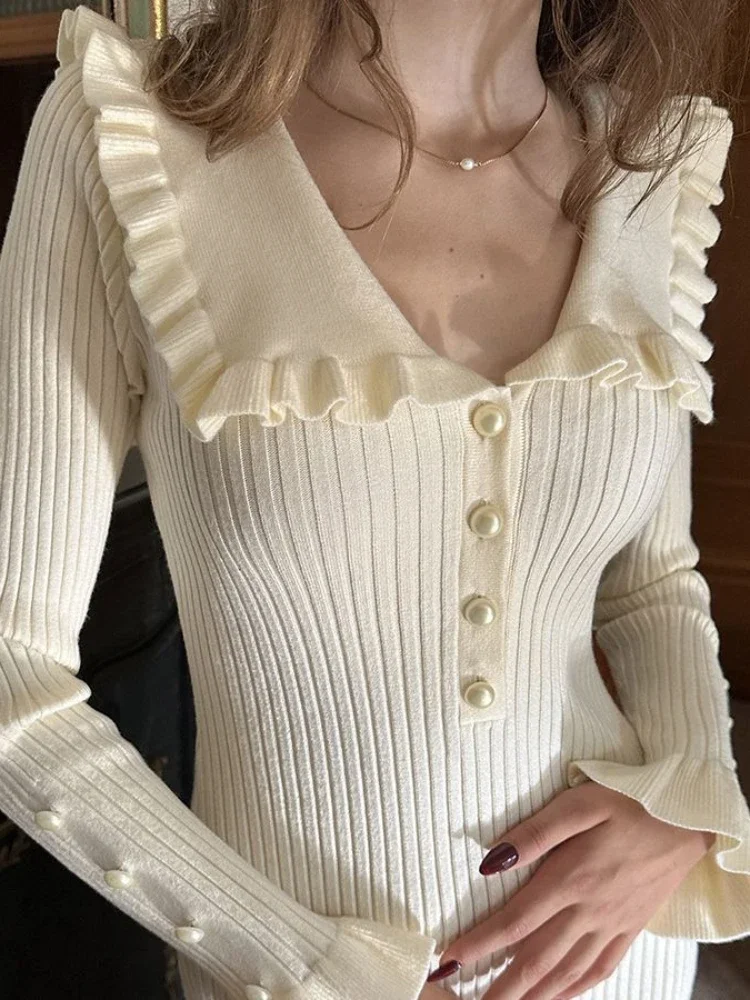 Ruffled Slim Knitted Retro Maxi Dress - Image 3
