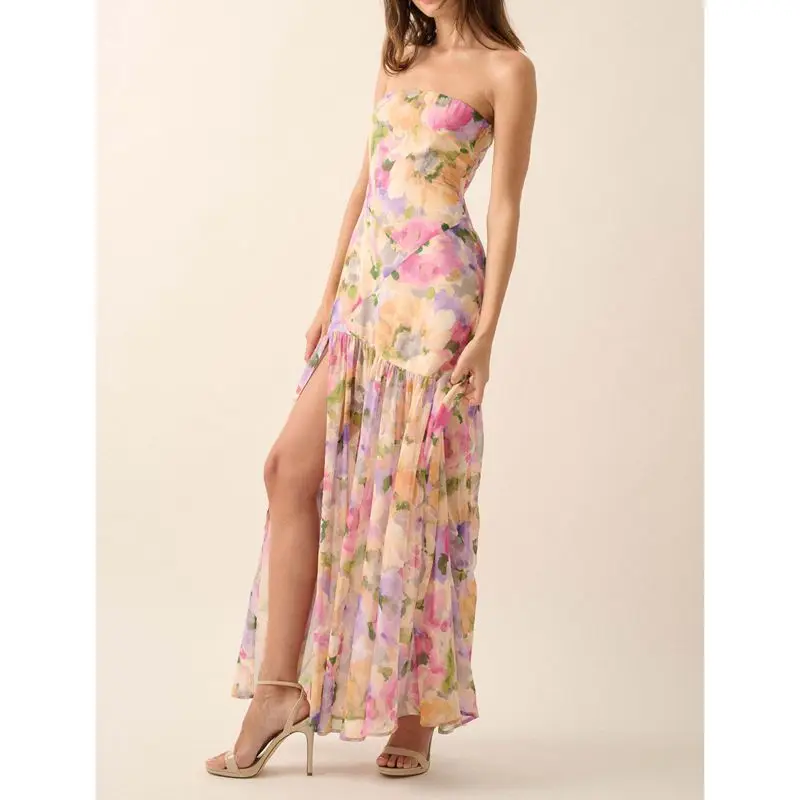 Ruffled Split Floral Bandeau Vacation Dress - Image 3
