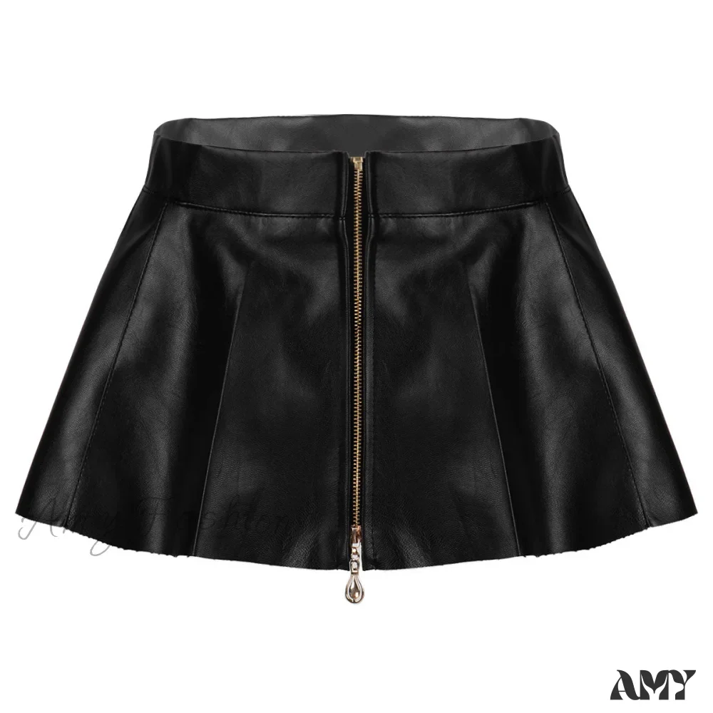 Amy Fashion - Leather Front Zipper Pleated Mini Skirt - Image 4