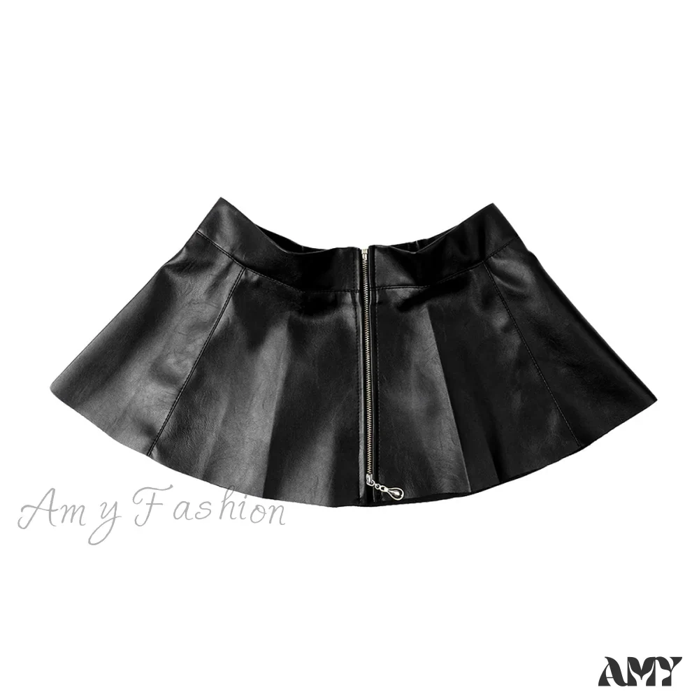 Amy Fashion - Leather Front Zipper Pleated Mini Skirt - Image 5
