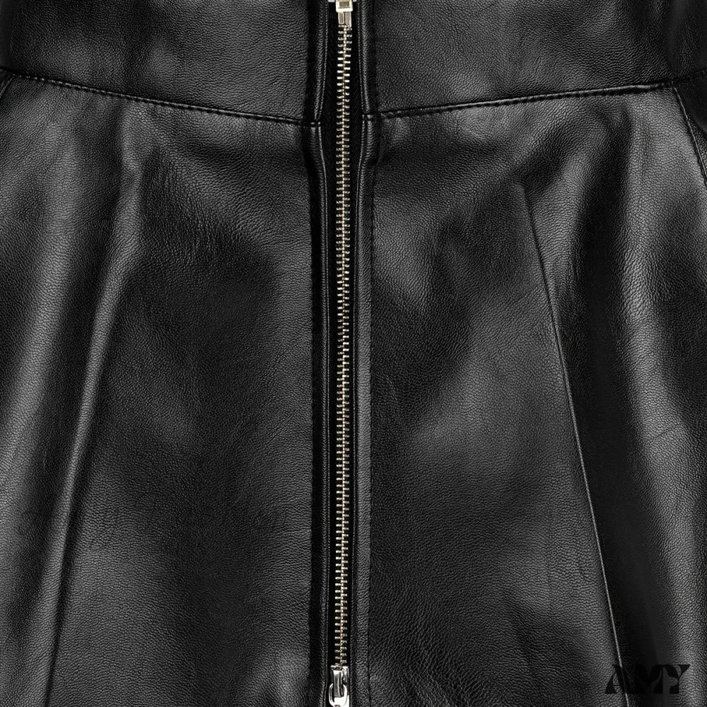 Amy Fashion - Leather Front Zipper Pleated Mini Skirt - Image 6