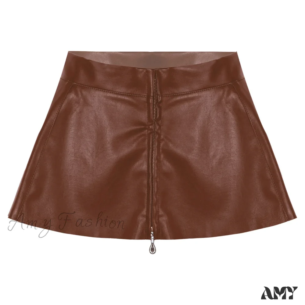 Amy Fashion - Leather Front Zipper Pleated Mini Skirt - Image 9