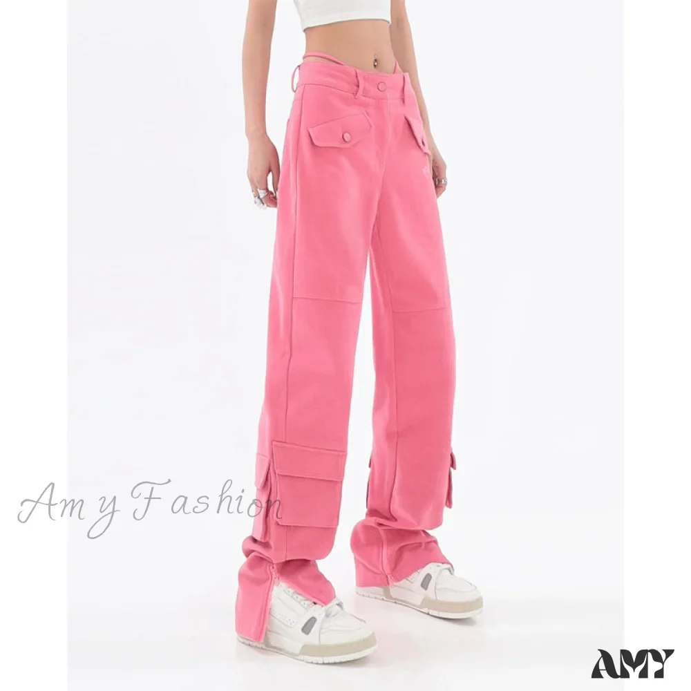 Amy Fashion - Pocket Straight Vintage Pink Cargo Jeans