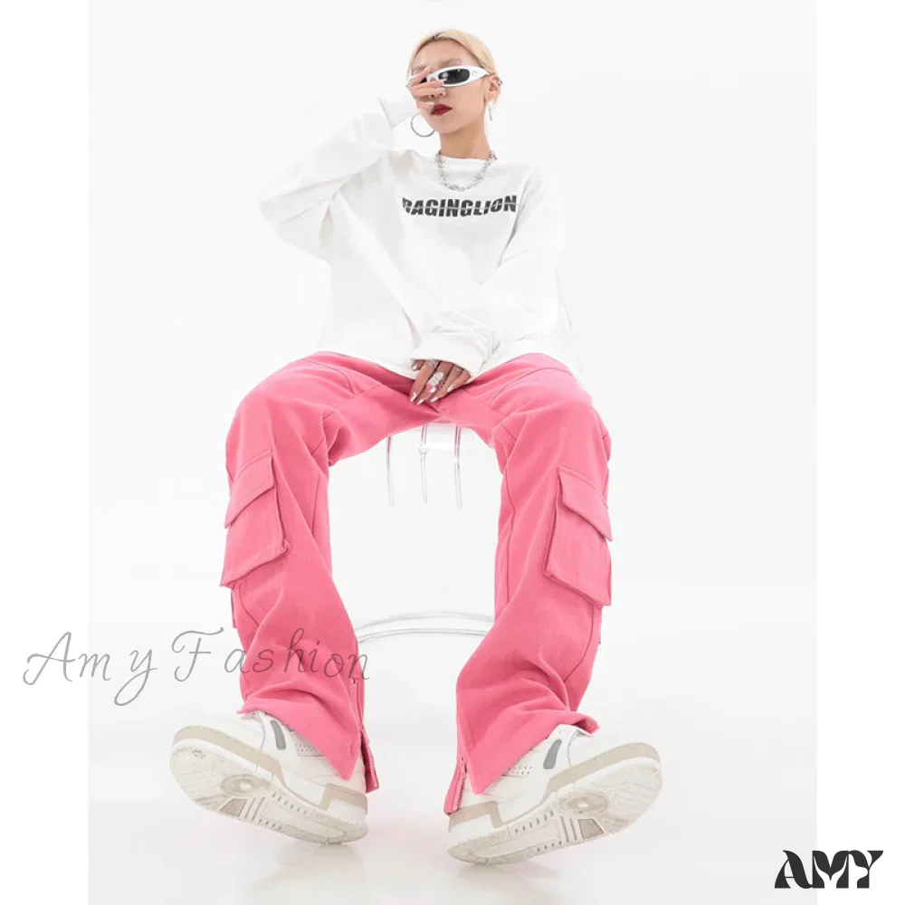 Amy Fashion - Pocket Straight Vintage Pink Cargo Jeans - Image 2