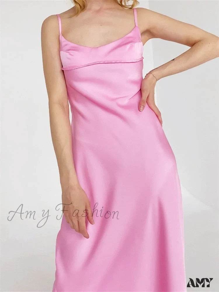 Amy Fashion - Satin Backless Spaghetti Strap A-Line High Waist Dress - Image 2