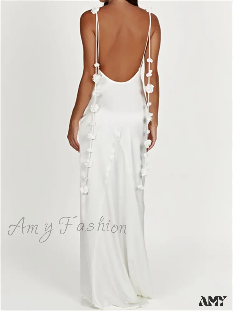 Amy Fashion - Satin Backless Spaghetti Strap  for Women Sexy Backless 3D Flower Tassels Party Cocktail Y2K Vestidos - Image 7