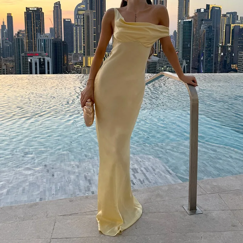 Satin One Shoulder Halter Maxi Dress - Image 3