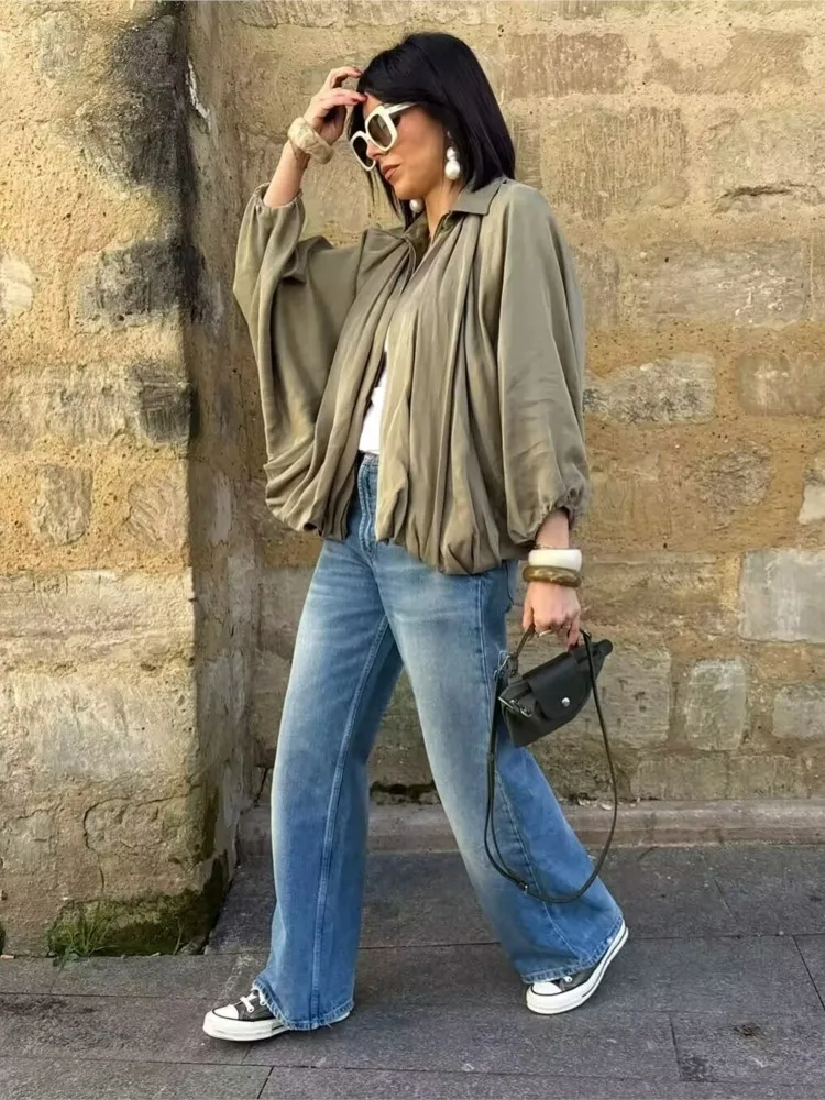 Satin Pleated Bomber Zipper Coat - Image 4
