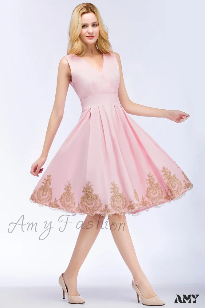 Amy Fashion - Satin Sleeveless V Neck Appliques Formal Cocktail Party Dress