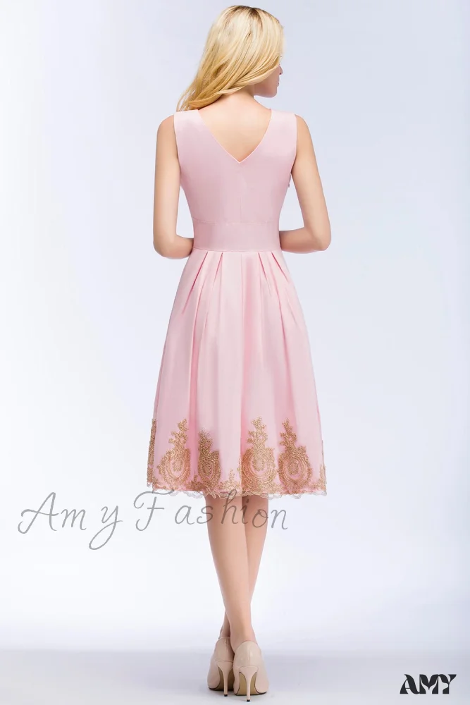 Amy Fashion - Satin Sleeveless V Neck Appliques Formal Cocktail Party Dress - Image 2