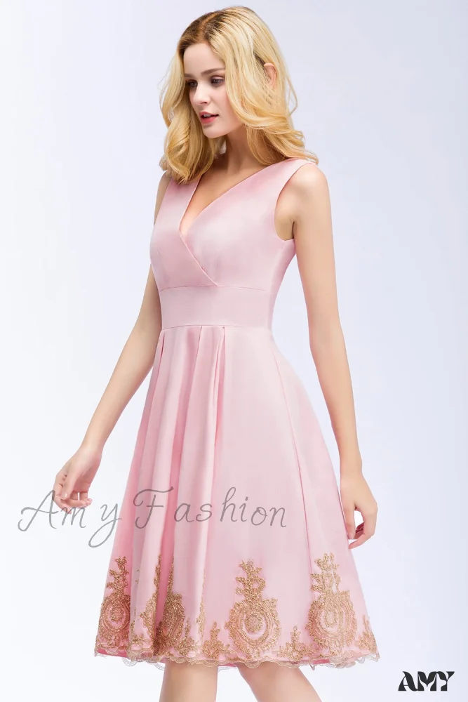 Amy Fashion - Satin Sleeveless V Neck Appliques Formal Cocktail Party Dress - Image 3