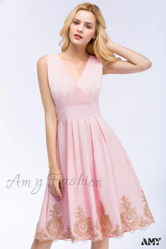 Amy Fashion - Satin Sleeveless V Neck Appliques Formal Cocktail Party Dress - Image 4