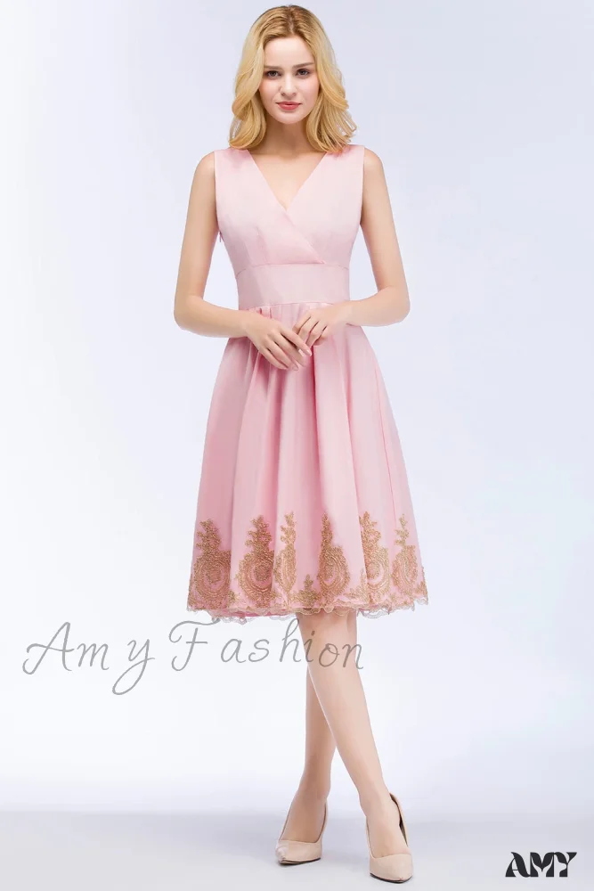 Amy Fashion - Satin Sleeveless V Neck Appliques Formal Cocktail Party Dress - Image 5