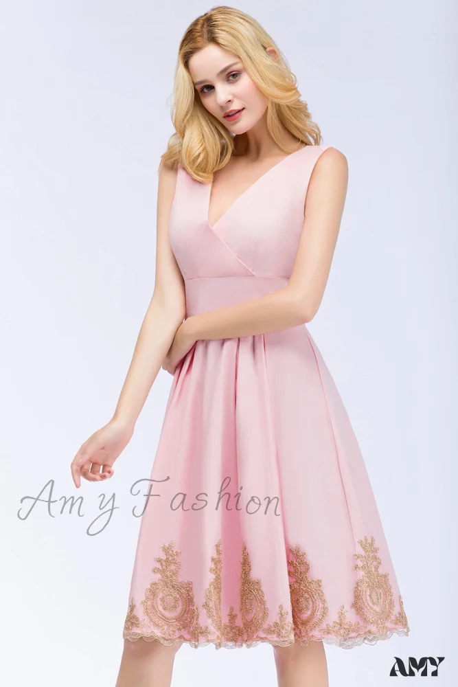 Amy Fashion - Satin Sleeveless V Neck Appliques Formal Cocktail Party Dress - Image 6