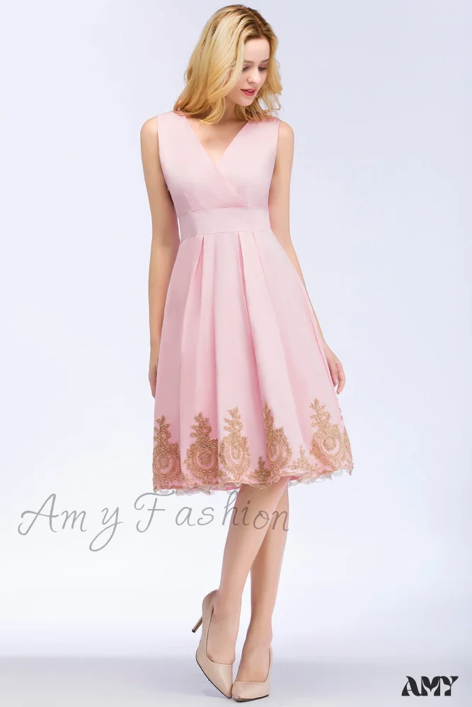 Amy Fashion - Satin Sleeveless V Neck Appliques Formal Cocktail Party Dress - Image 7