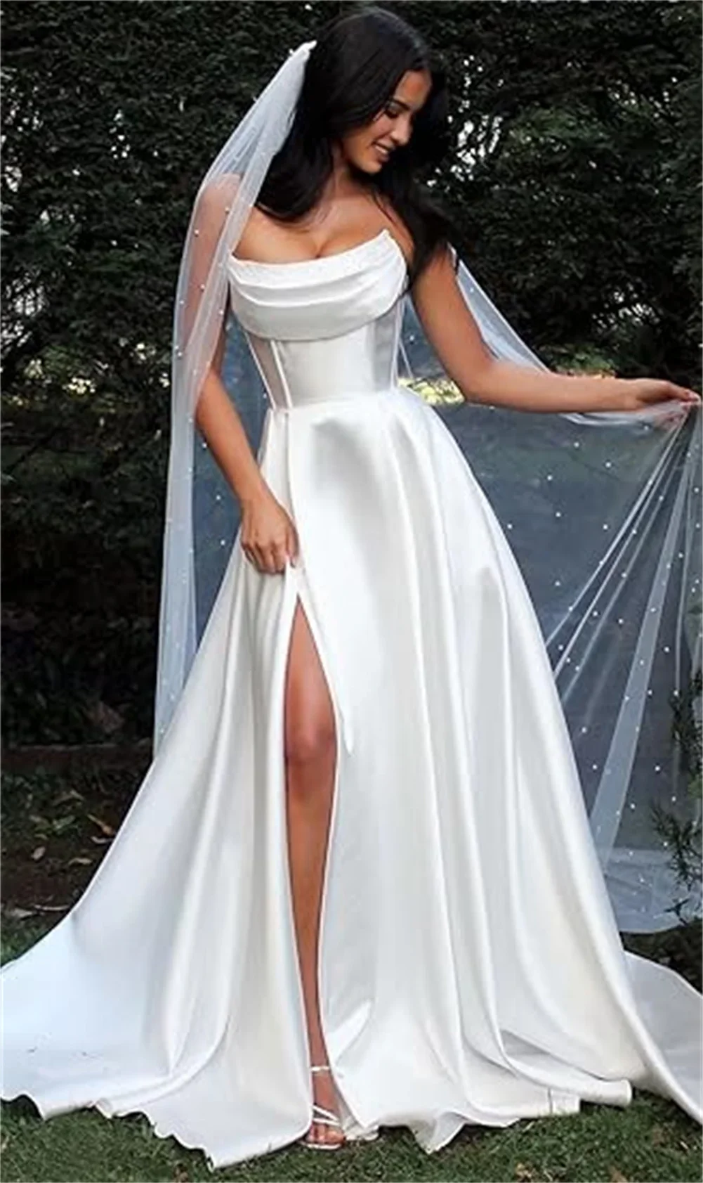 Satin Slit Corset White Vacation Dress - Image 4