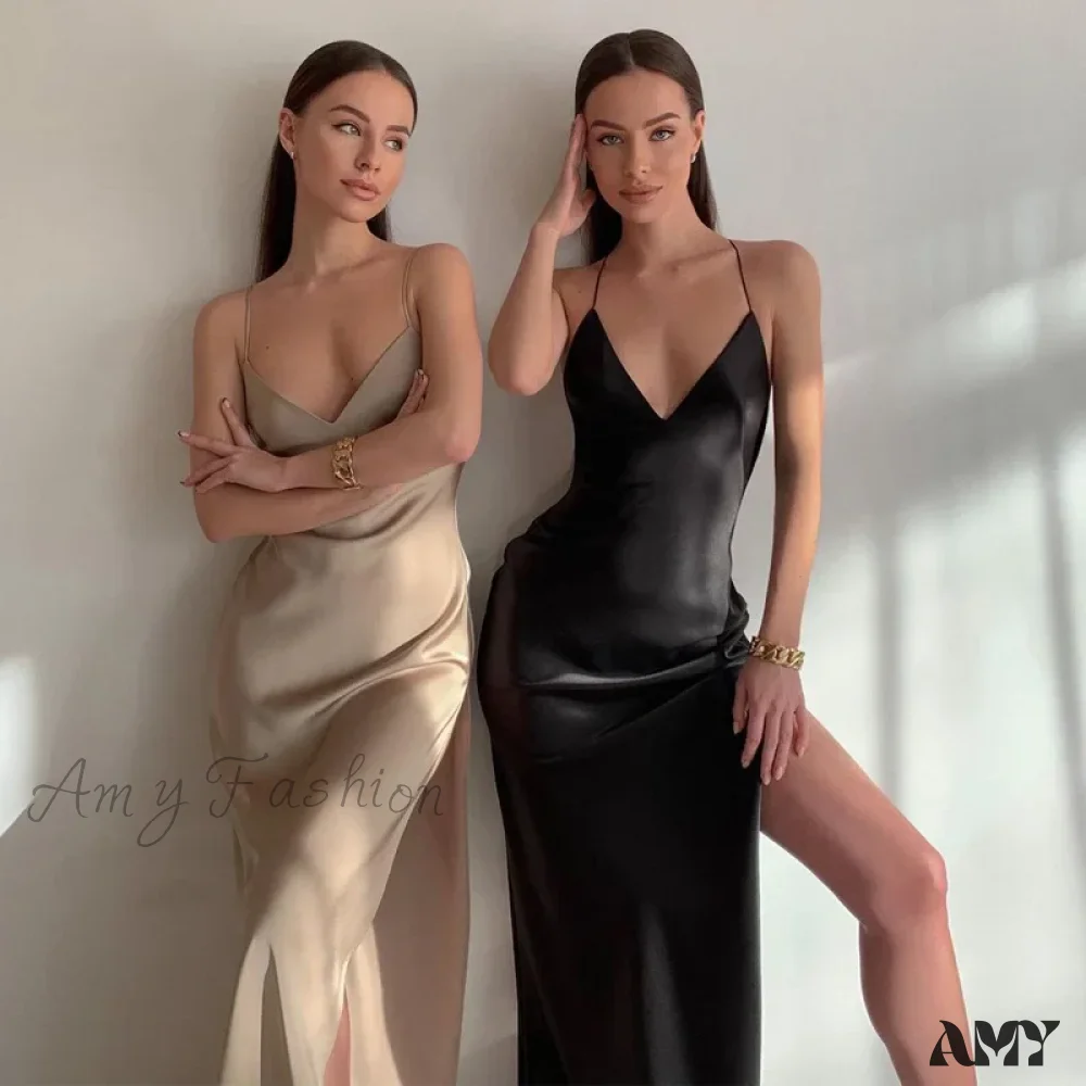 Amy Fashion - Satin Spaghetti Strap Summer Split   V-neck Elegant Sleeveless Backless Club Party Outfits Sexy - Image 2