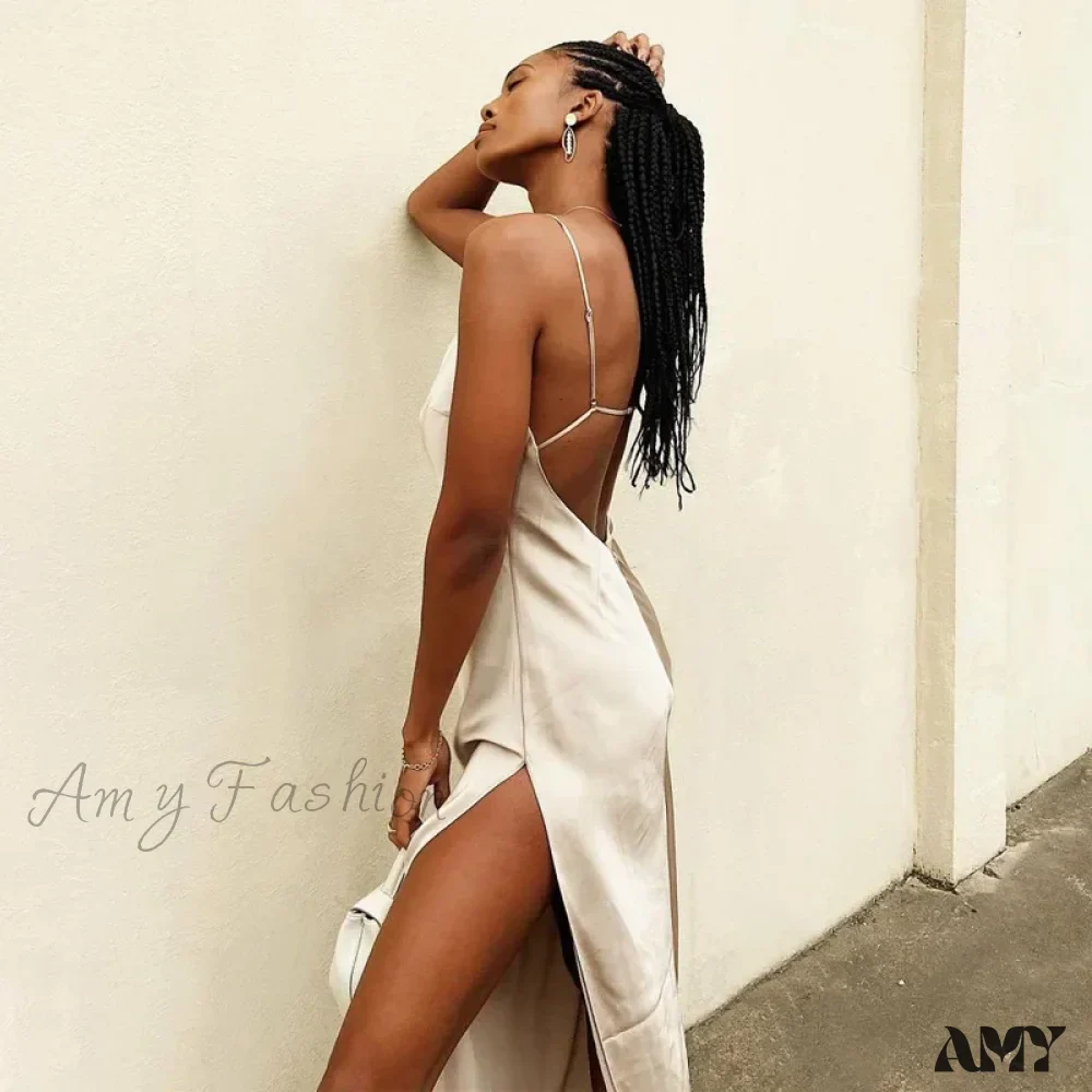 Amy Fashion - Satin Spaghetti Strap Summer Split   V-neck Elegant Sleeveless Backless Club Party Outfits Sexy - Image 3