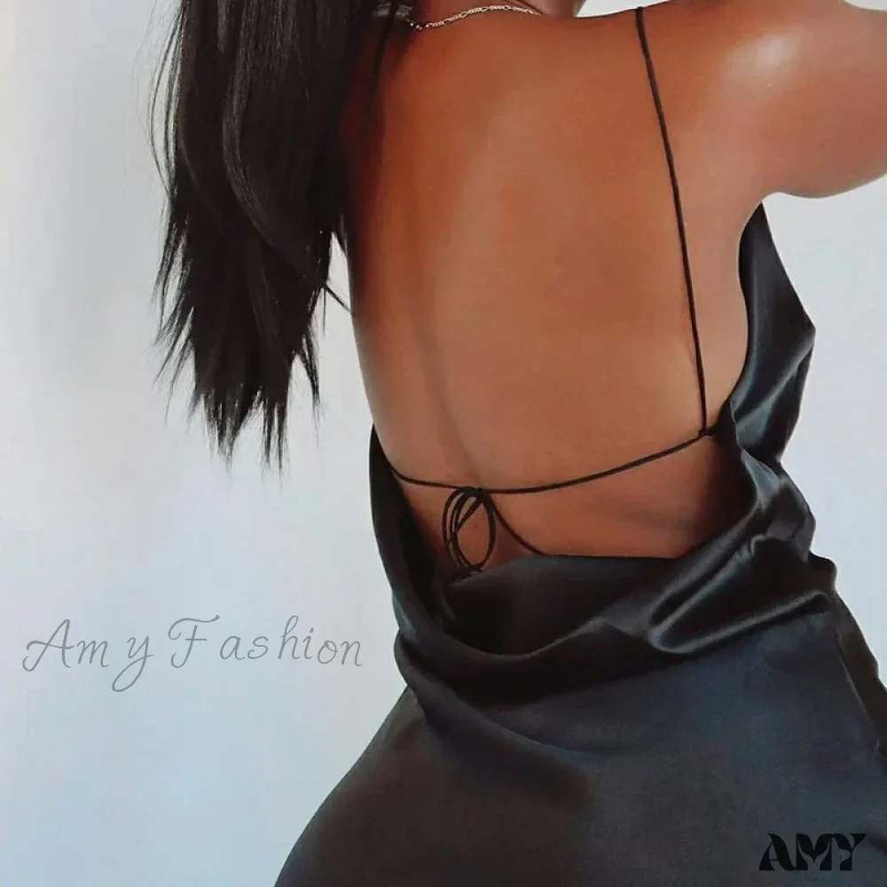 Amy Fashion - Satin Spaghetti Strap Summer Split   V-neck Elegant Sleeveless Backless Club Party Outfits Sexy - Image 4