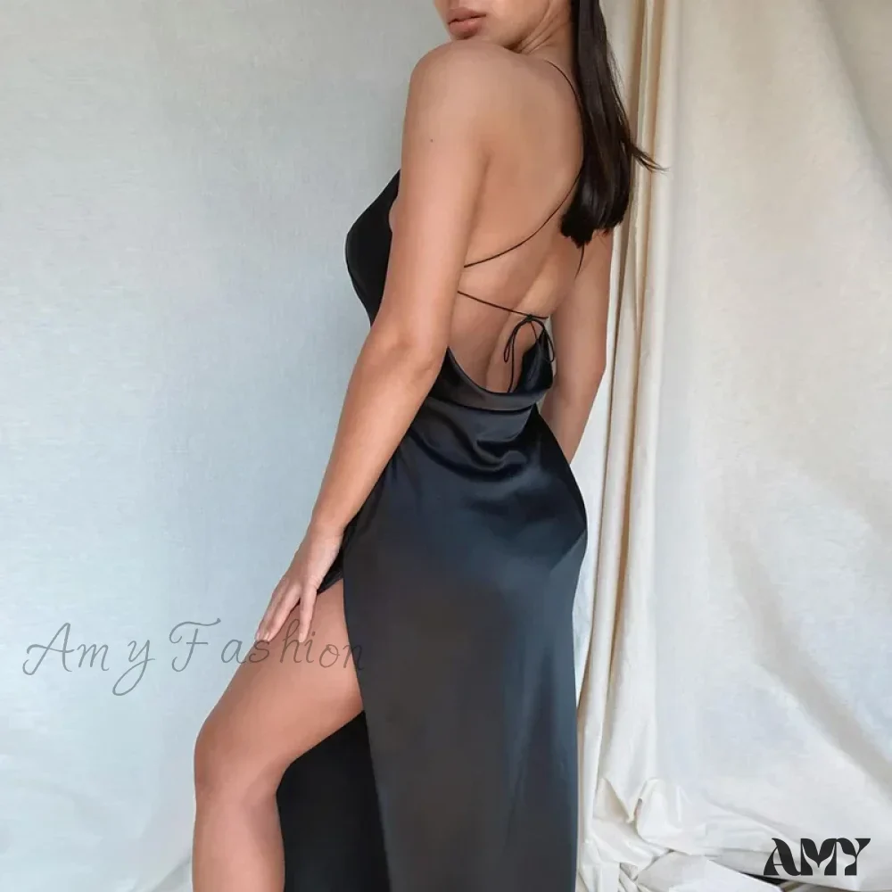 Amy Fashion - Satin Spaghetti Strap Summer Split   V-neck Elegant Sleeveless Backless Club Party Outfits Sexy - Image 6